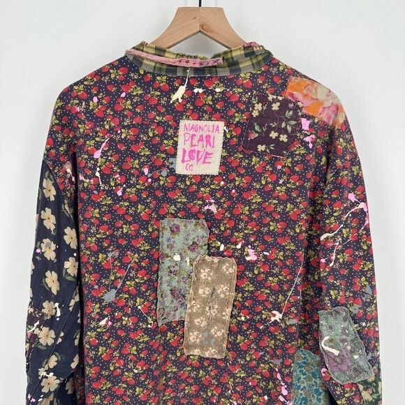 Magnolia Pearl top OS adison workshirt patchwork strawberry floral paint artsy - Picture 13 of 16